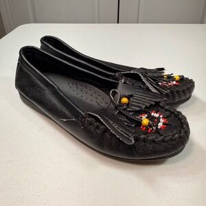 Black Leather Beaded Moccasin Flats Fringe Kiltie Slip On Shoes Size 7W